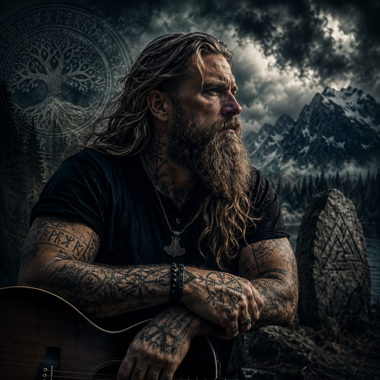 Jack Sorensen seated with an acoustic guitar beneath a storm-lit mountain sky